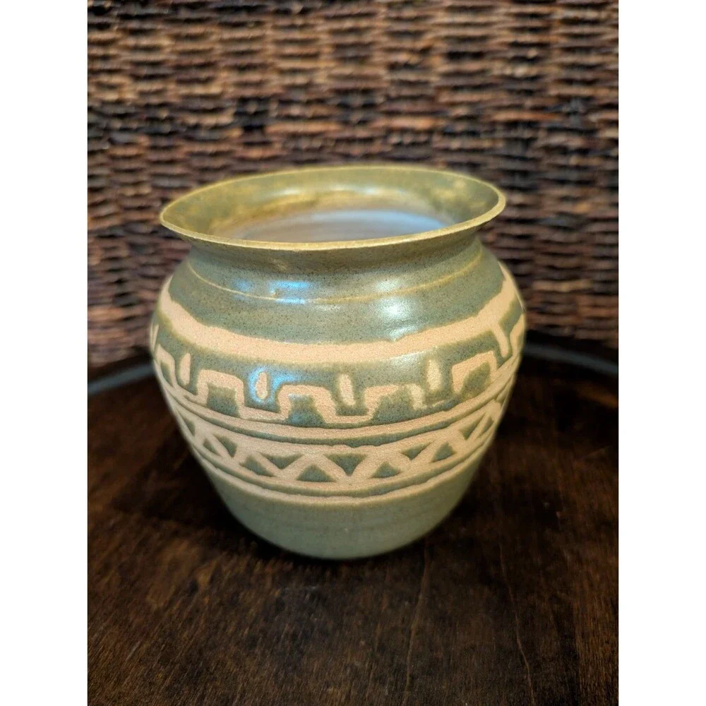 Art Pottery Vase Artist Signed Glaze over Clay Green Aztec Boho Southwestern